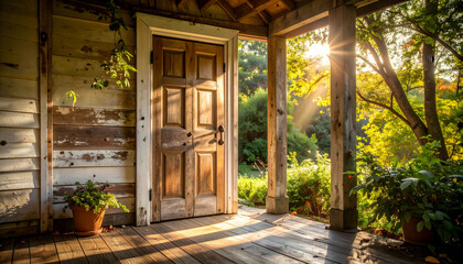 Rustic Wooden Door and Porch bathed in Golden Sunlight
