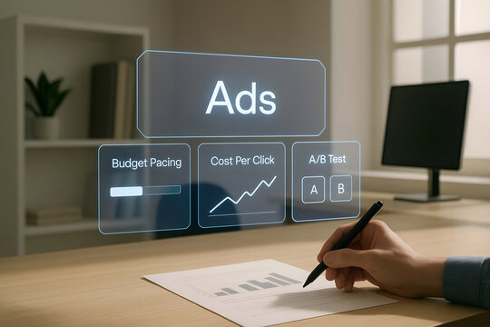 Analyzing digital advertising data focusing on budget pacing cost per click and a b testing in a modern workspace environment