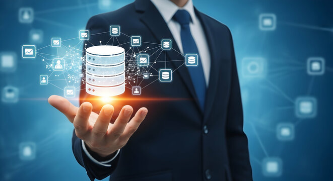 Database and network technology. Businessperson, network structure and database icon.