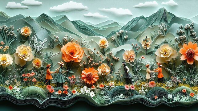 Fantasy paper crafted world with rolling green landscape mountains fluffy clouds oversized blossoms and tiny people tending a lush garden symbolizing imagination creativity nature and whimsical story