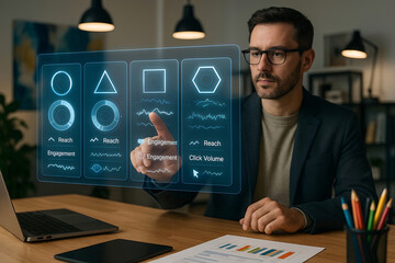 Business professional interacting with futuristic holographic interface analyzing data and measuring engagement and reach on digital marketing platforms.