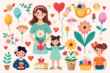 Mothers Day Illustration with Mom and Kids and Cute Elements