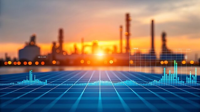 Oil and gas industry stock market analysis and investment trends at sunset with digital graph overlay - Powered by Adobe