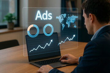 Businessman analyzing ads performance data on a laptop screen representing digital marketing and business growth metrics in a modern office setting