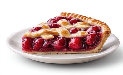 A single slice of cherry pie, glistening with juice, sits on a small white plate against a stark white background; lattice crust, juicy filling