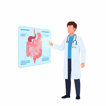A doctor points to a diagram of the human digestive system, explaining its structure.