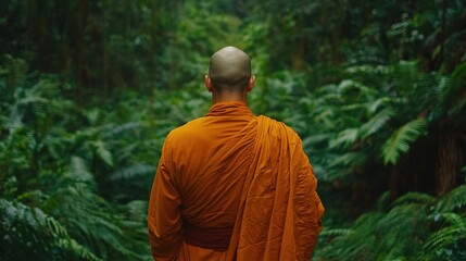 Naklejka premium A Buddhist monk in an orange robe stands amidst lush green forest, facing away, surrounded by nature