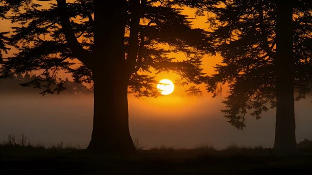 Sunrise through trees, misty glow