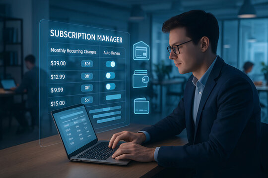 Businessman managing subscription services with a laptop showcasing a digital dashboard with monthly recurring charges and auto renew options