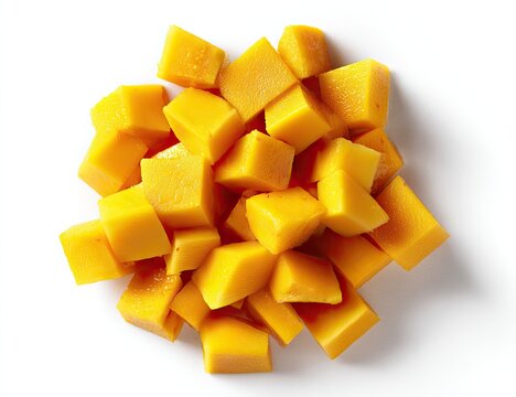 A small pile of uniformly-cut, vibrant yellow-orange mango chunks sits on a stark white background, illuminated from above, showcasing their juicy texture