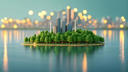 Sustainable city island with wind turbines and green trees environment concept rendering design