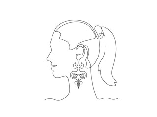 Abstract profile of a girl with long ethnic earrings,continuous single one line art hand drawing sketch, logo