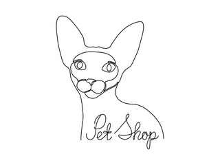 Black and white logo for an animal store, pet shop, sphinx cat face. One line handwritten font, continuous single sketch