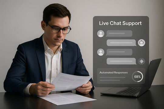 Businessman working on customer service software providing live chat support and utilizing automated response systems in modern business environment.
