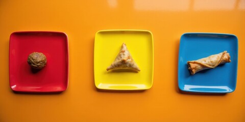 Assortment of appetizers on colorful plates against a bright background  
