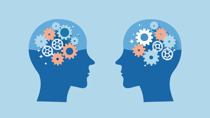 Two human profiles facing each other with gears inside their heads representing thought processes