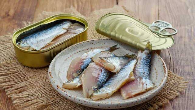 Surstr&ouml;mming, Swedish fermented herring, Open can with strong odor wafting out, Pale gray with hints of red and yellow, Soft ambient kitchen light, Bold and intense flavor

