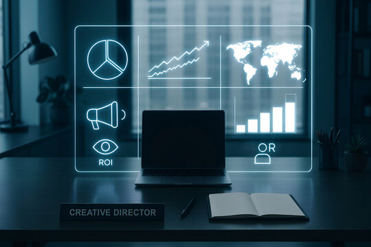 Creative director workspace with digital interface displaying data analytics and business strategy metrics for marketing campaigns and roi evaluation