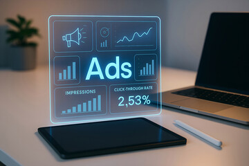 Digital advertising and online marketing concept with futuristic interface displaying data analytics on impressions and click through rate