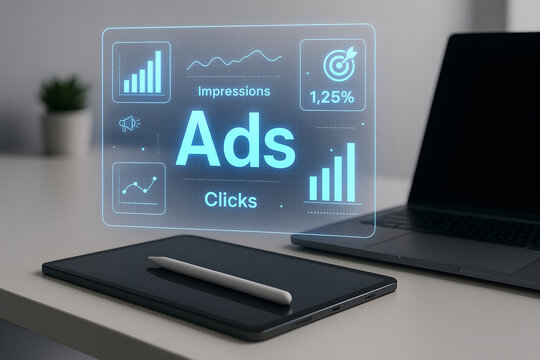 Digital advertising concepts displayed on tablet and laptop screen showing online marketing metrics and success indicators