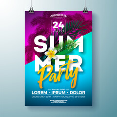 Naklejka na ściany i meble Summer Beach Party Flyer Design with Flower and Tropical Palm Leaves on Abstract Blue Background. Vector Summer Holiday Illustration with Typography Lettering for Banner, Flyer, Invitation or Poster.