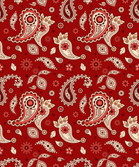 paisley seamless pattern on red background textile, decorative, wrap, digital, print vector illustration.