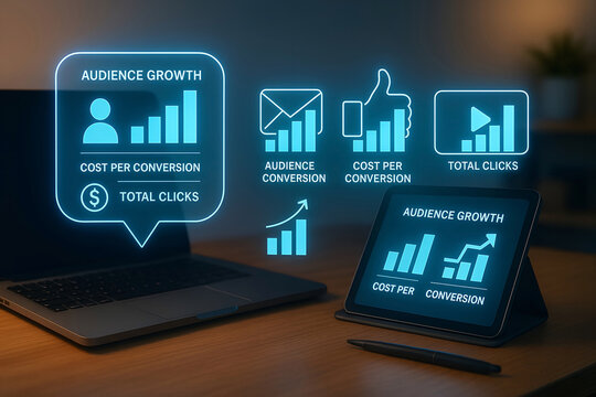 Digital marketing performance metrics visualized on a laptop and tablet showing audience growth and conversion rates for business analytics