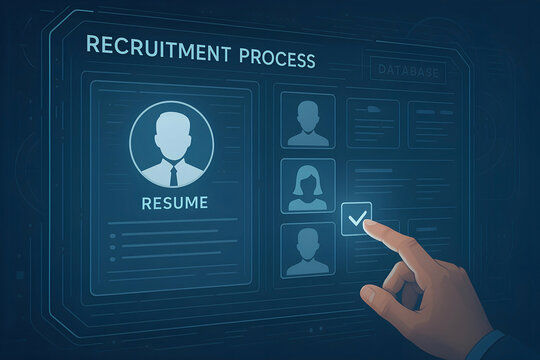 Digital recruitment process concept featuring a futuristic interface with resume review and candidate selection technology