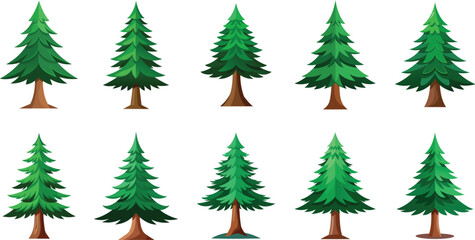Ten vibrant green cartoon pine trees stand tall against a white background