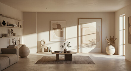 Serene Living Room with Abstract Art and Natural Light Aesthetics