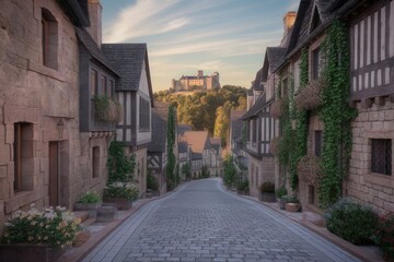 Obraz premium Picturesque street view with castle in background, showcasing European architecture
