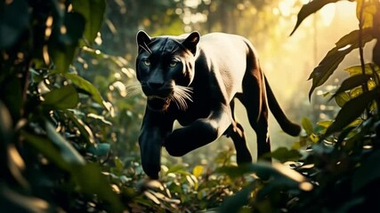 A black panther leaps powerfully through dense jungle foliage in the bright sunlight of the forest animal video