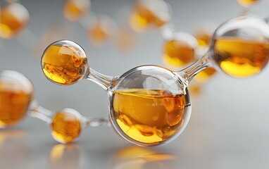 Abstract 3D rendering of a molecule chain with translucent amber spheres connected by clear tubes against a grey background