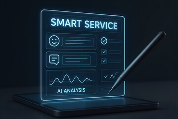 Modern smart service application interface depicting ai analysis and customer satisfaction on digital tablet