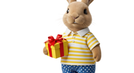 Cute cartoon bunny holding a yellow gift box with red ribbon isolated on transparent background