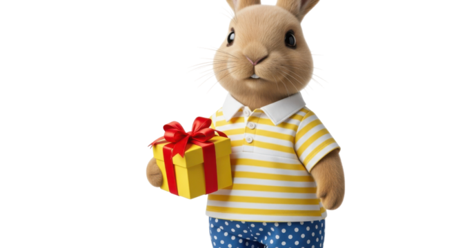 Cute cartoon bunny holding a yellow gift box with red ribbon isolated on transparent background