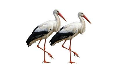 Obraz premium Two white storks standing side by side with red beaks and legs isolated on transparent background