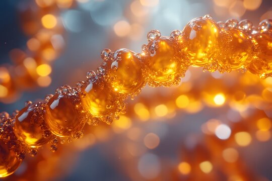 Abstract Close-Up of Orange Liquid Bubbles with Bokeh Effect for Scientific and Artistic Design
