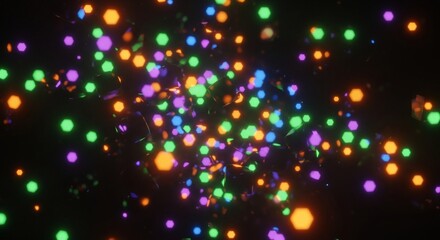 Colorful hexagonal shapes in a dark background.