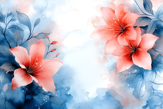 An elegant watercolor illustration of coral pink lilies and blue foliage framing a bright, soft-focus center.