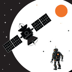 Fototapeta premium Illustration of a satellite and a robot in space against a backdrop of stars and a planet.