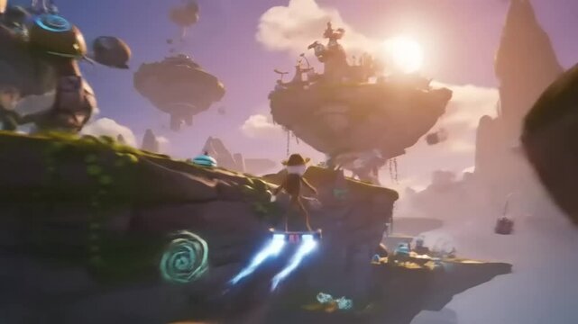 A whimsical character gliding on a hoverboard through a vibrant, floating landscape filled with lush greenery and futuristic structures, showcasing a serene sunset in the background