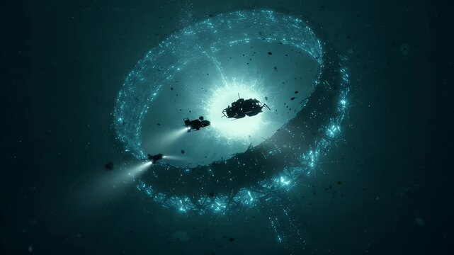 Undersea explorers navigate a glowing, swirling anomaly