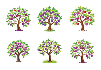 Collection of Six Whimsical Plum Trees with Colorful Fruit and Green Leaves