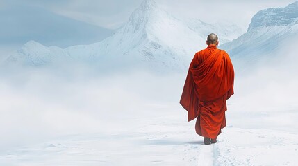 A Buddhist monk in a red robe walks alone through snowy mountains, surrounded by mist and serene winter scenery.