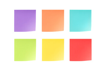 Six colorful square sticky notes arranged in two rows isolated on transparent background