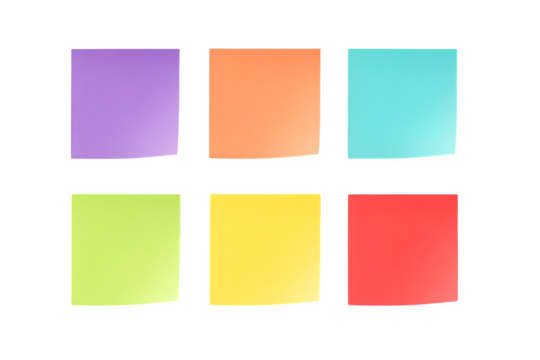 Six colorful square sticky notes arranged in two rows isolated on transparent background