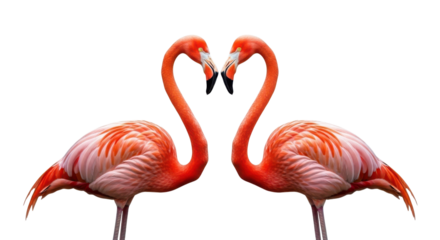 Two pink flamingos forming a heart shape with their necks isolated on transparent background