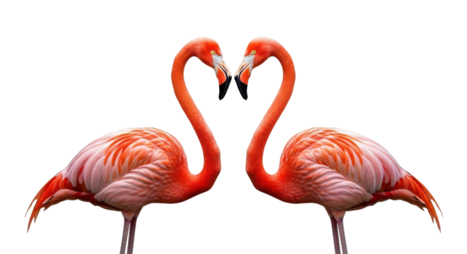 Two pink flamingos forming a heart shape with their necks isolated on transparent background - Powered by Adobe