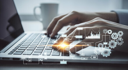 "Typing on Laptop with Futuristic Digital Interface and Data Visualization"